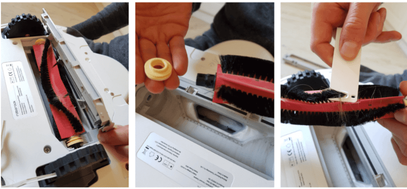 Главная щетка Roborock S5 Max разбирается, а волосы удаляются с помощью прилагаемого инструмента для очистки.